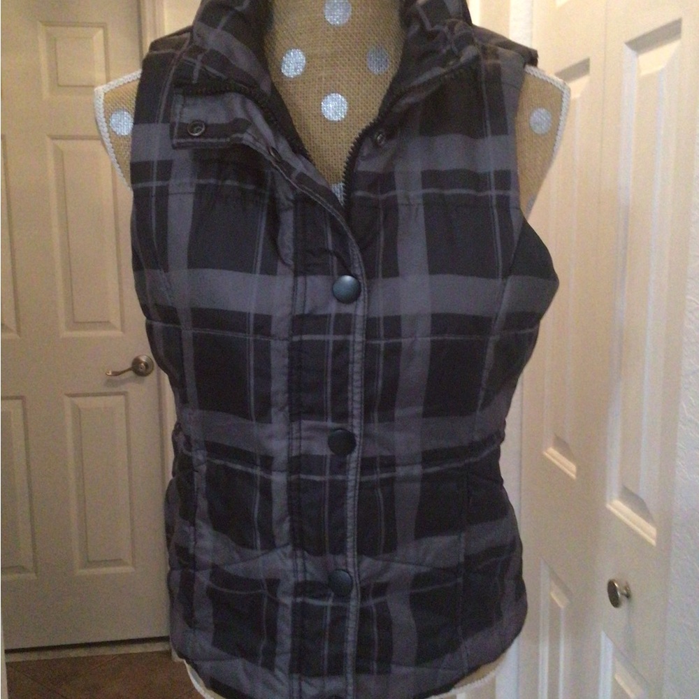 Plaid Puffer Vest with Button Closure